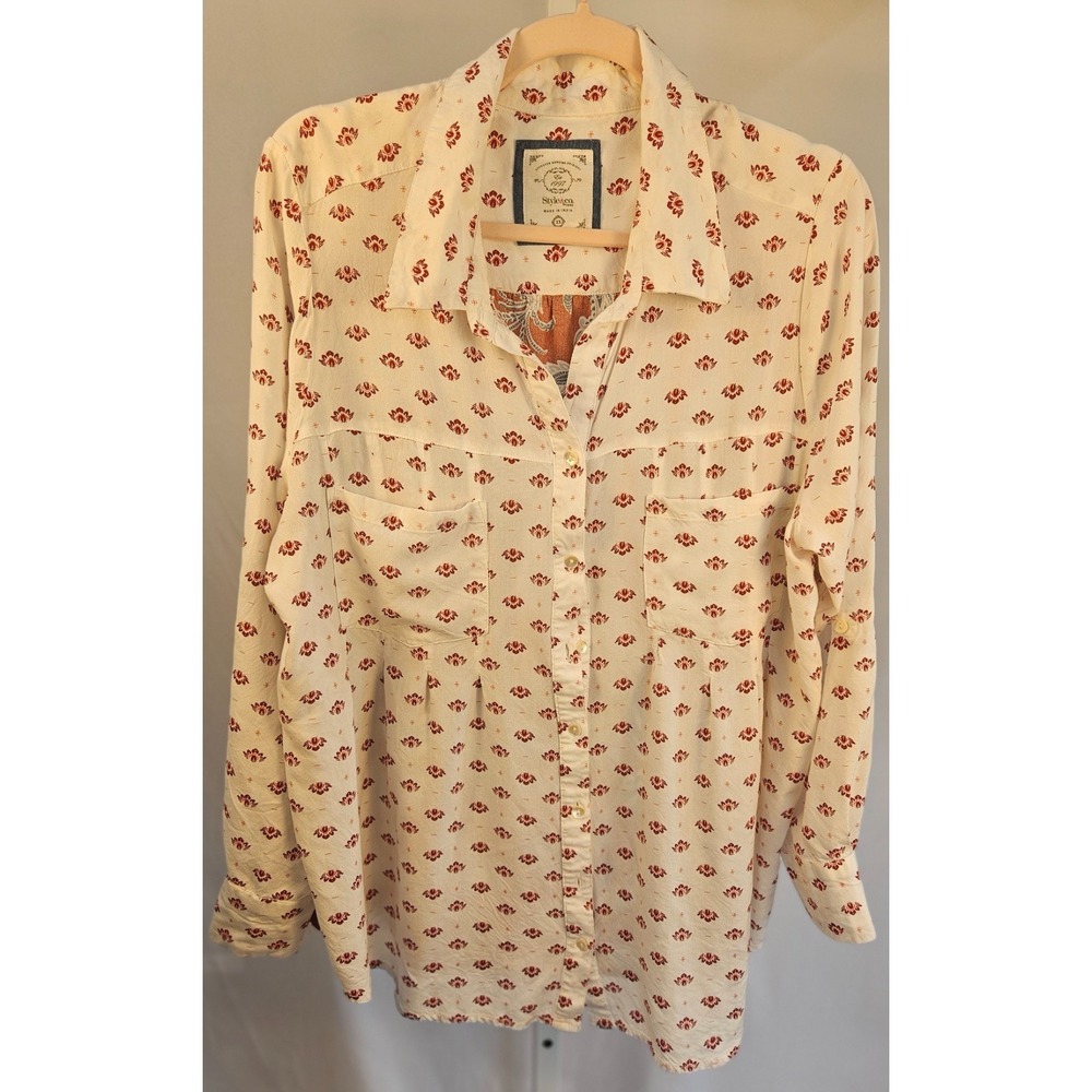 Style & Co Women L Mixed Print Rayon Button Shirt Floral Paisley Boho Rust Cream